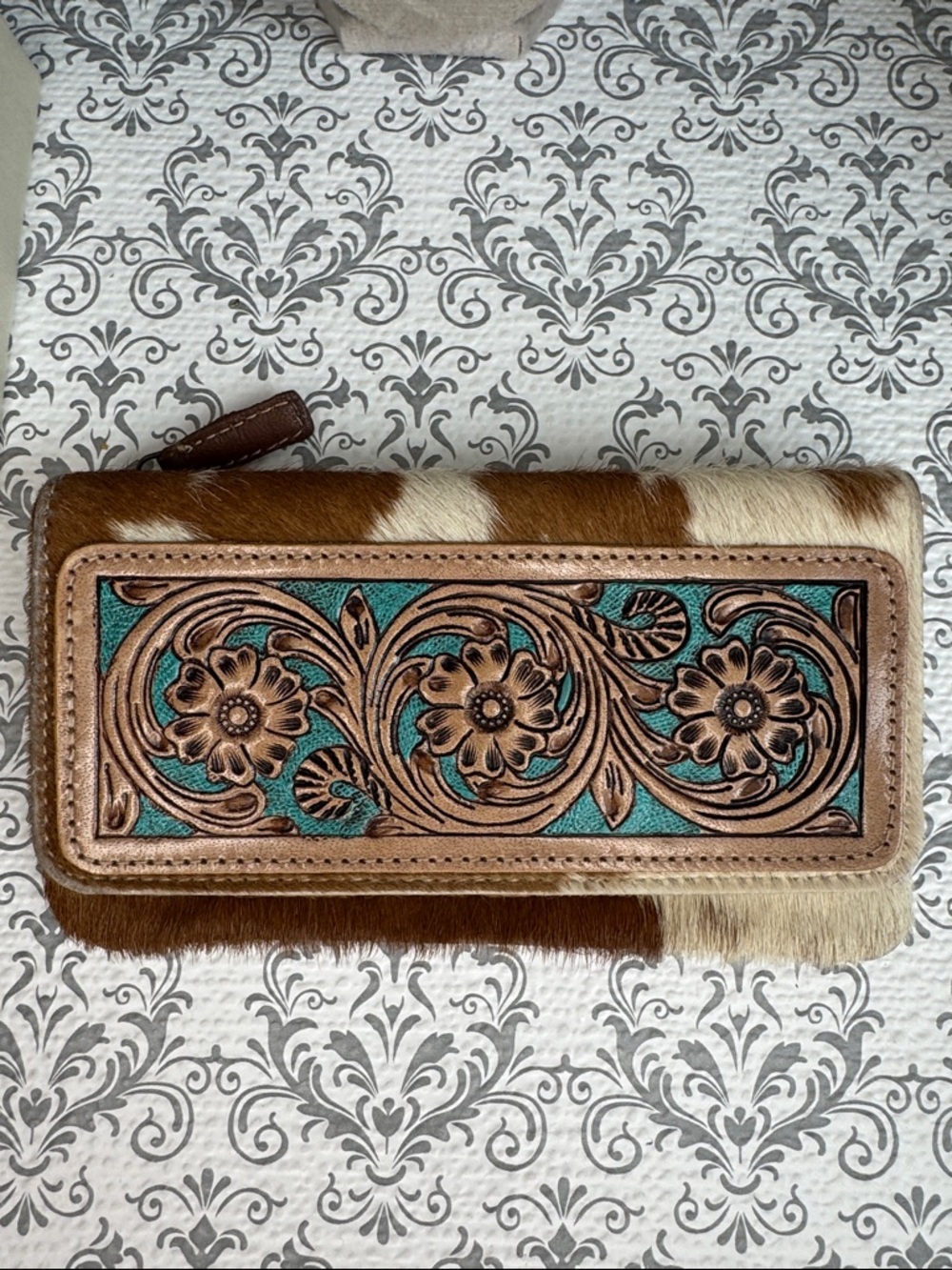 Cowhide Wallet with Tooled Floral Turquoise Inlay